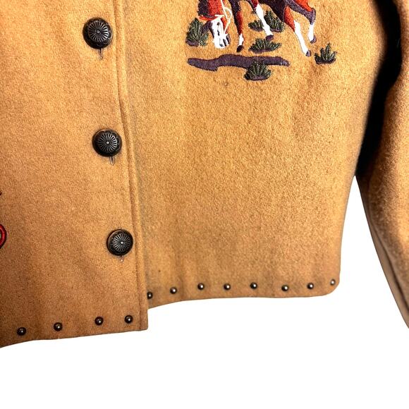 Valencia Wool Western Cowboy Embroidered Jacket Womens L Tan Studded Rodeo Coat - Picture 9 of 16